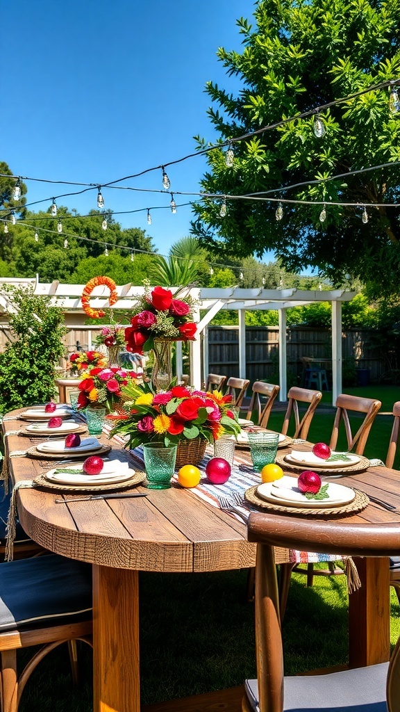 Outdoor Christmas table decorated with eucalyptus, wattle, ornaments, and fairy lights in an Australian backyard.